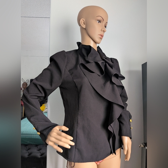Gracia Black Ruffle Long-sleeve Blouse, Size M- Excellent Condition! Gold Detail - Picture 10 of 13